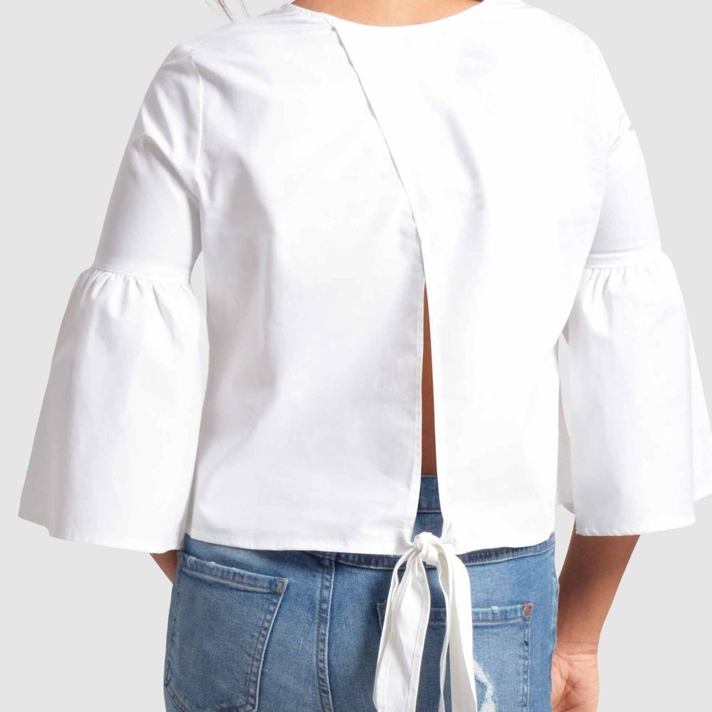 OLGYN Women’s Three Quarter Flare Sleeve White Top - Picture 2 of 4